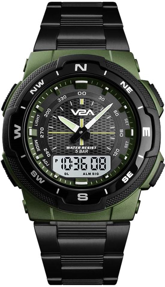 V2A Multi-Function Chronograph Analog-Digital IP Stainless Steel Watch for Men (Black-Green) - Image 2