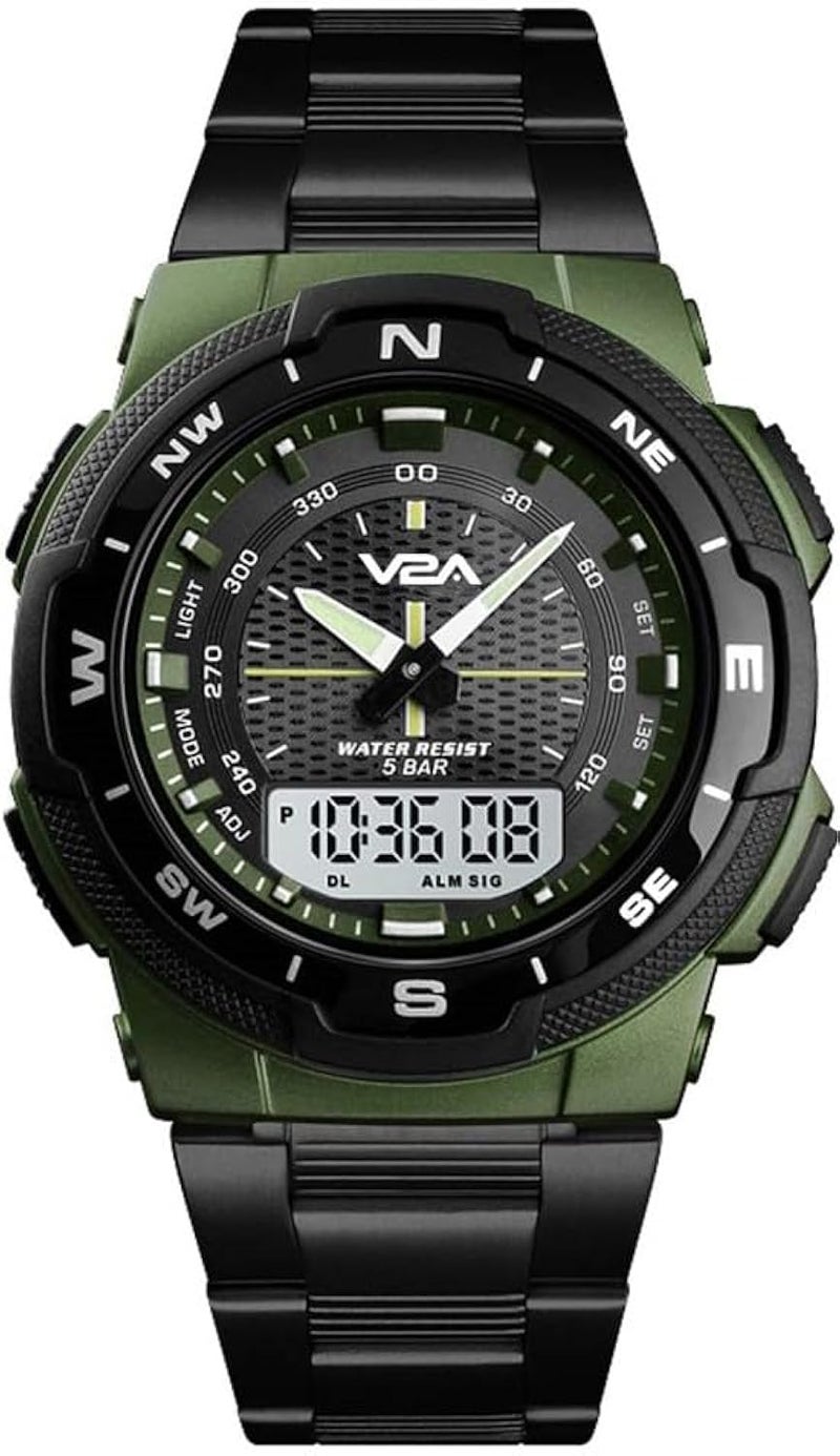 V2A Multi-Function Chronograph Analog-Digital IP Stainless Steel Watch for Men (Black-Green) - Image 1