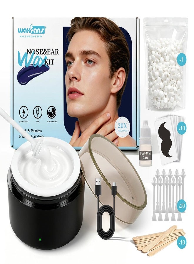 WaxFans Nose Wax Kit, Nose Hair Wax Kit for Men's Nose, Ear & Eyebrow, Mini Wax Pot with 100g Wax Beads & 20 Nose Wax Sticks, USB Powered Portable Facial Hard Wax Warmer for Ear Hair Removal - Image 1