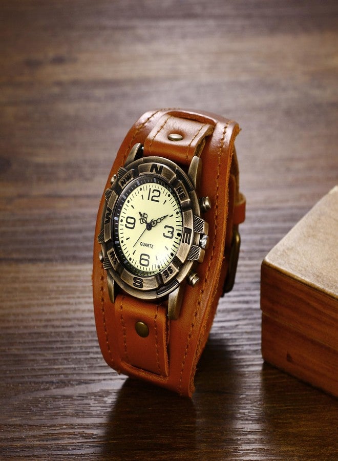 Avaner Vintage Leather Watches, Wide Band Cuff Quartz Watches, Black - Image 2
