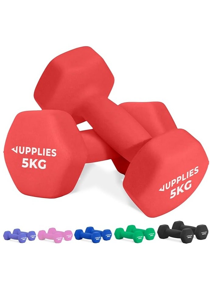 سبورت JUPPLIES مجموعة الدمبل والدمبل المصنوعة من النيوبرين 5 كجم (أزواج) - تصميم مضغوط، مضاد للتدحرج وغير قابل للانزلاق - التدريب المنزلي  - Image 1