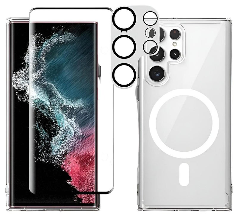 مجموعة حماية لـ جالكسي اس 22 الترا (Samsung Galaxy S22 Ultra) جراب حماية من السليكون عالي الجودة والوضوح ويدعم الشحن اللاسلكي MagSafe, واقي شاشة من النانو HD, حماية عدسات الكاميرا, مجموعة فاخرة (3in1) - Image 1