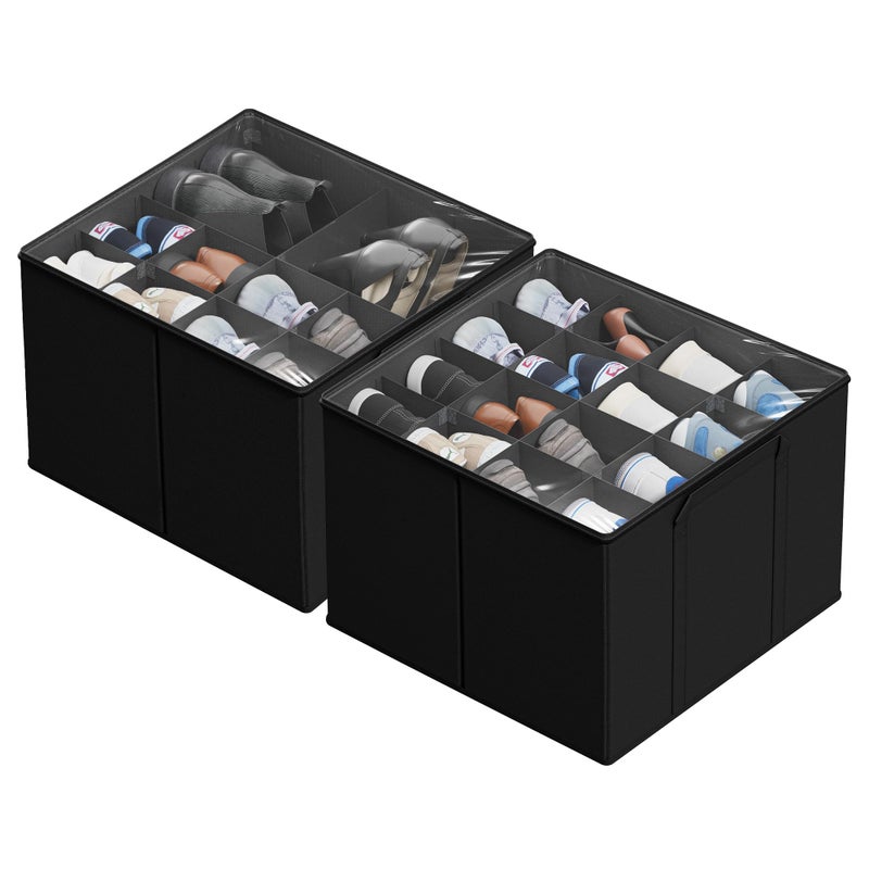 SUOCO 2 Pack Shoe Organizer for Closet, Fits up to 32 Pairs, Small Space Shoe Storage Boxes Bins Containers w/Adjustable Dividers and Clear Top, Black - Image 1