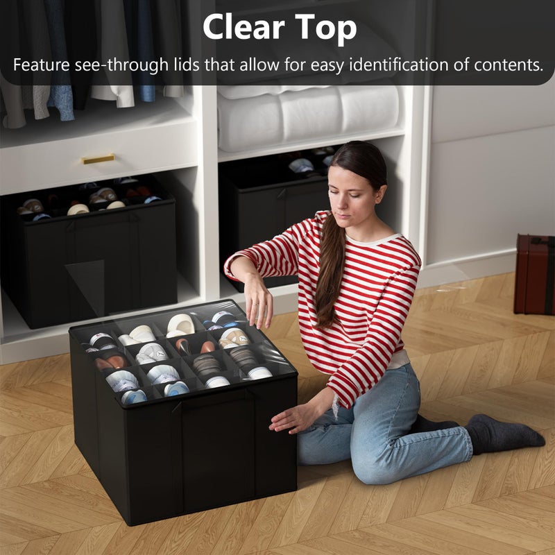 SUOCO 2 Pack Shoe Organizer for Closet, Fits up to 32 Pairs, Small Space Shoe Storage Boxes Bins Containers w/Adjustable Dividers and Clear Top, Black - Image 3
