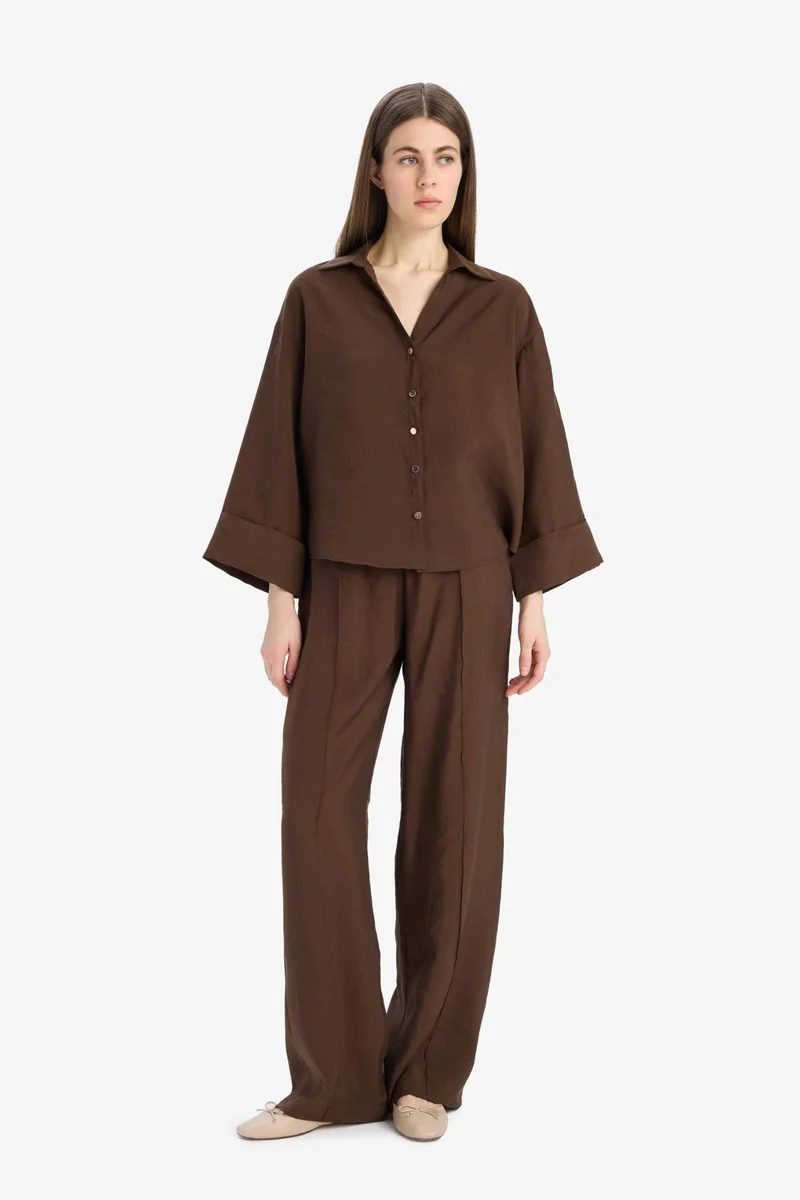 DeFacto Wide Leg Modal High Waist Straight Leg Trousers