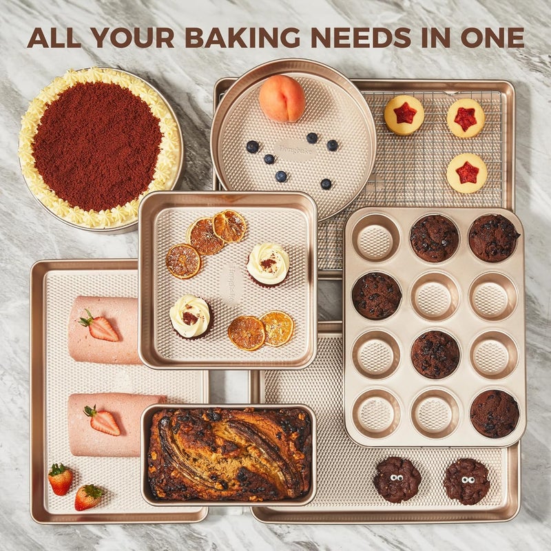 HONGBAKE 9-Piece Baking Pans Set Nonstick, Stackable Non Toxic Bakeware Sets with Diamond Texture, Oven Pan Set for Cooking, Includes Cookie Sheet with Rack, Cake Pan, Roasting Pan, Muffin Tin, Gold - Image 4