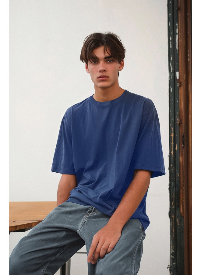 Navy Blue Basic Crew Neck Oversize/Wide Cut Short Sleeve T-Shirt TMNSS21TS0811