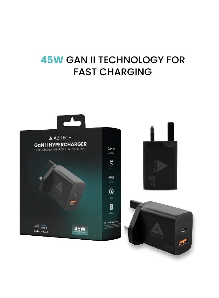 أزتك شاحن حائط هايبر تشارجر 45 وات GaN II ثنائي المنفذ مع منافذ USB-A وUSB-C، متوافق مع iPhone 16 Pro Max/15/14/13، S25 Ultra/S24/S23/S22 | AZTG2HC-45W - Image 2