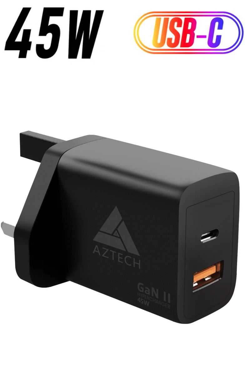 أزتك شاحن حائط هايبر تشارجر 45 وات GaN II ثنائي المنفذ مع منافذ USB-A وUSB-C، متوافق مع iPhone 16 Pro Max/15/14/13، S25 Ultra/S24/S23/S22 | AZTG2HC-45W - Image 1