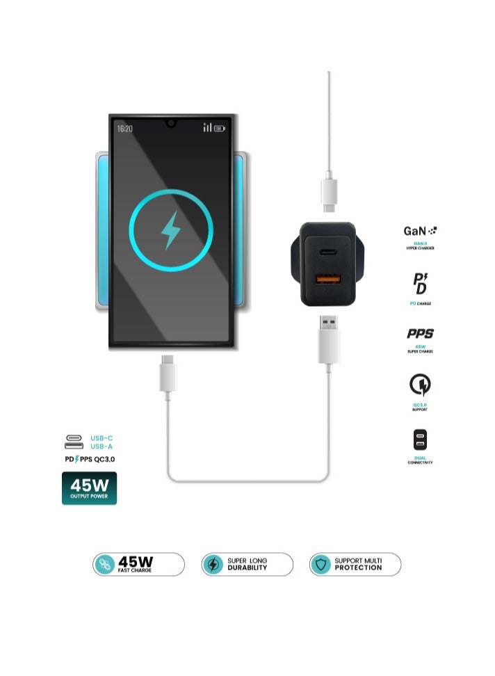 أزتك شاحن حائط هايبر تشارجر 45 وات GaN II ثنائي المنفذ مع منافذ USB-A وUSB-C، متوافق مع iPhone 16 Pro Max/15/14/13، S25 Ultra/S24/S23/S22 | AZTG2HC-45W - Image 3