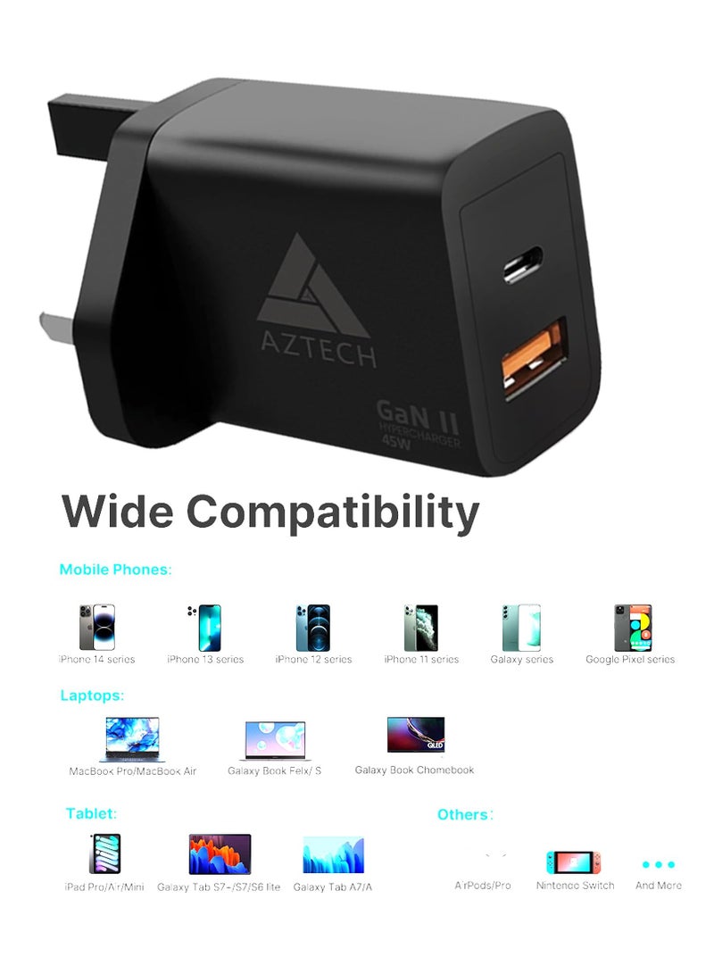 أزتك شاحن حائط هايبر تشارجر 45 وات GaN II ثنائي المنفذ مع منافذ USB-A وUSB-C، متوافق مع iPhone 16 Pro Max/15/14/13، S25 Ultra/S24/S23/S22 | AZTG2HC-45W - Image 4