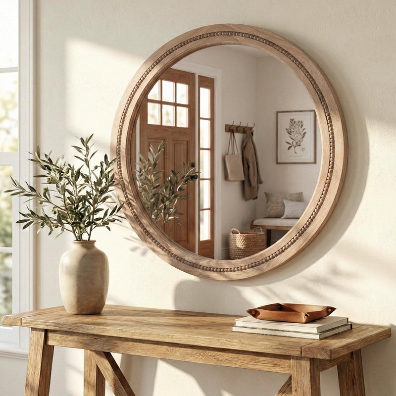 Pocetry 30" Round Solid Wood Mirror for Bathroom Vanity, Handcrafted Beaded Circle Wall Mirror - Natural Boho Farmhouse Decor for Entryway & Bedroom - Image 2