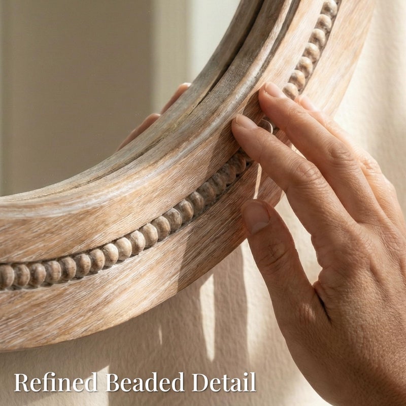 Pocetry 30" Round Solid Wood Mirror for Bathroom Vanity, Handcrafted Beaded Circle Wall Mirror - Natural Boho Farmhouse Decor for Entryway & Bedroom - Image 3