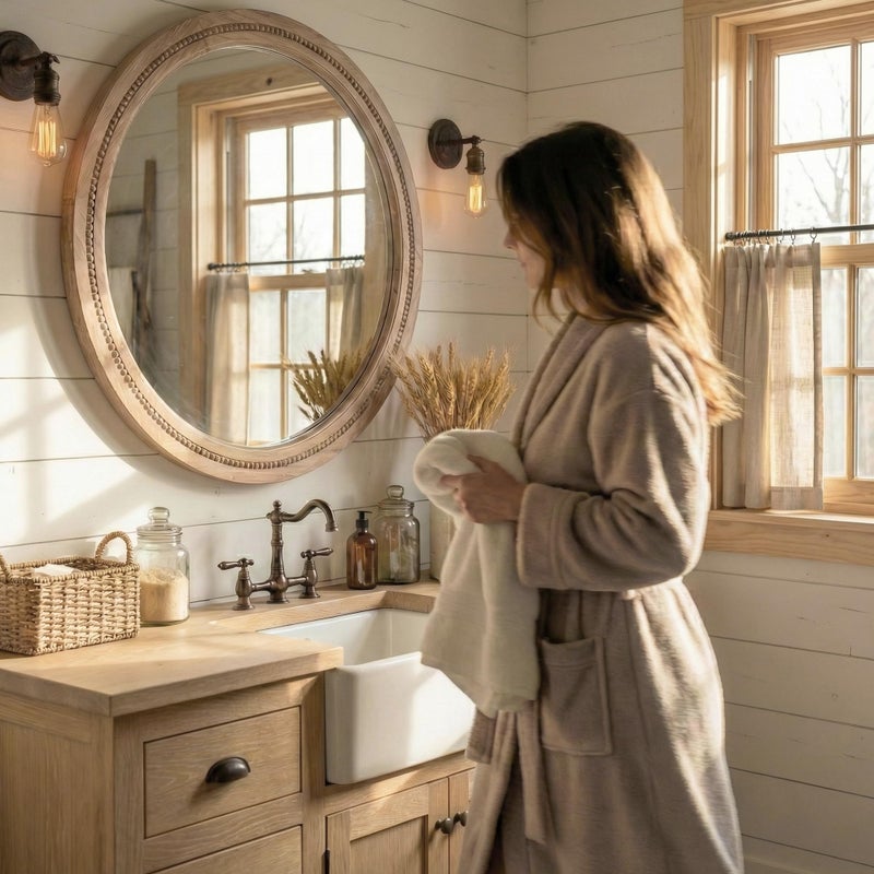 Pocetry 30" Round Solid Wood Mirror for Bathroom Vanity, Handcrafted Beaded Circle Wall Mirror - Natural Boho Farmhouse Decor for Entryway & Bedroom - Image 5