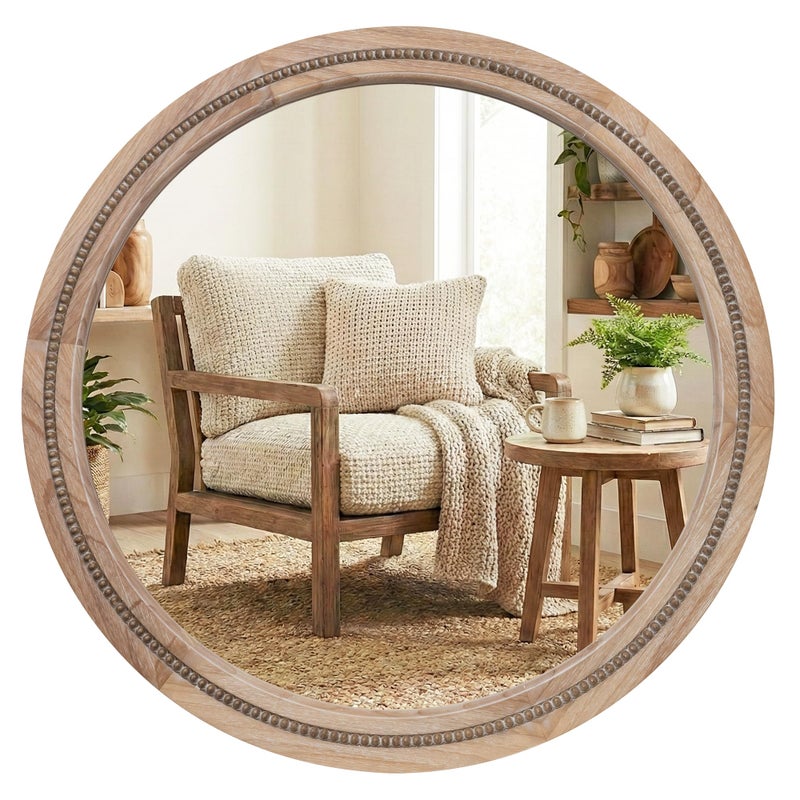 Pocetry 30" Round Solid Wood Mirror for Bathroom Vanity, Handcrafted Beaded Circle Wall Mirror - Natural Boho Farmhouse Decor for Entryway & Bedroom - Image 1