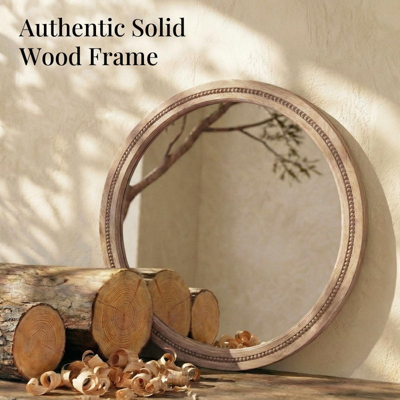 Pocetry 30" Round Solid Wood Mirror for Bathroom Vanity, Handcrafted Beaded Circle Wall Mirror - Natural Boho Farmhouse Decor for Entryway & Bedroom - Image 4