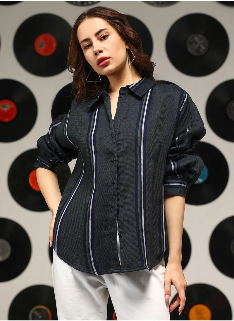 Campus Sutra Women's Sacramento Green Unbalanced-Striped Oversized Shirt