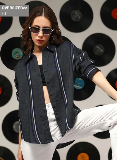 Campus Sutra Campus Sutra Women's Sacramento Green Unbalanced-Striped Oversized Shirt For Casual Wear | Spread Collar | Long Sleeves | Button Closure | Oversized Shirt Crafted With Comfort Fit For Everyday Wear