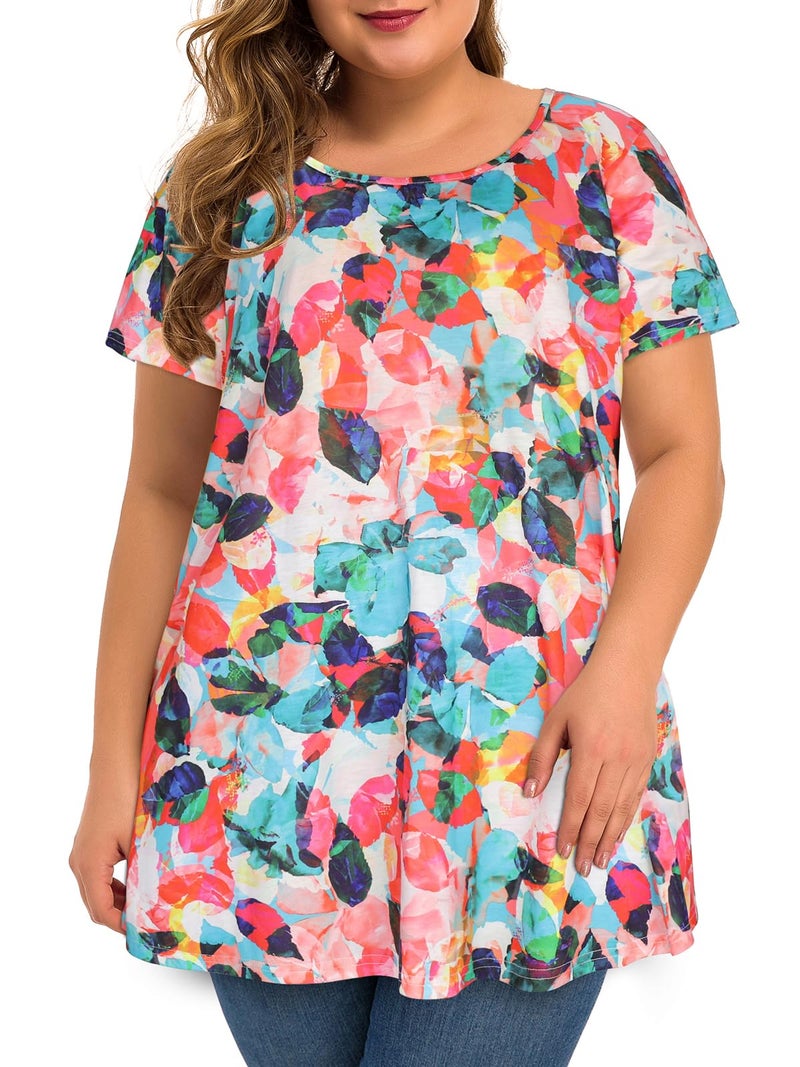 JOELLYUS Plus Size Tops for Women Tunic Floral Casual Short Sleeves T Shirts Flowy Blouses(CRLF,6XL) - Image 1