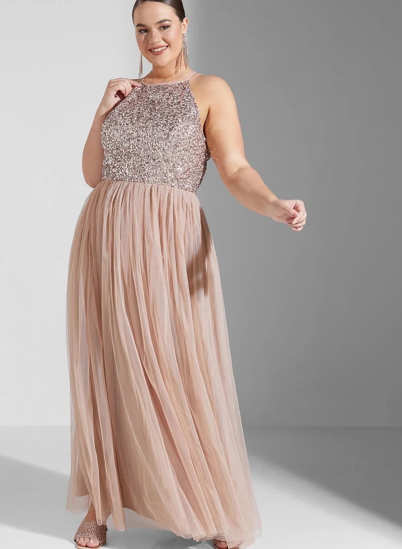 Maya Plus Halter Neck Tulle Sequin Detail Dress