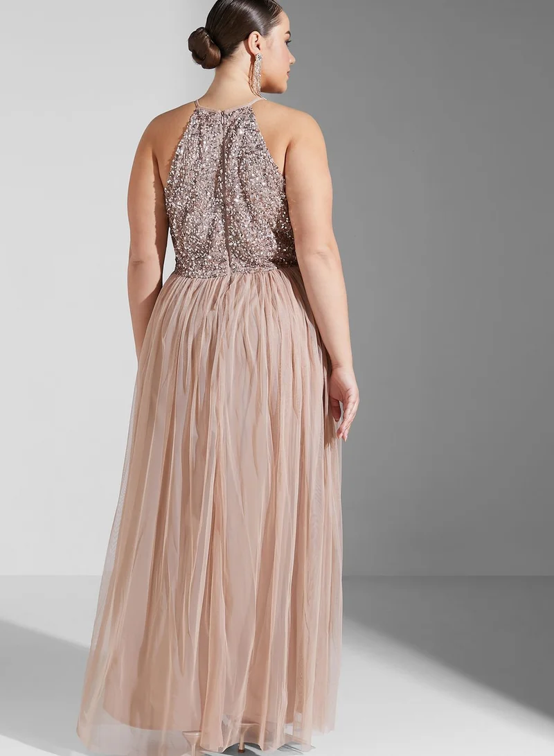 Maya Plus Halter Neck Tulle Sequin Detail Dress