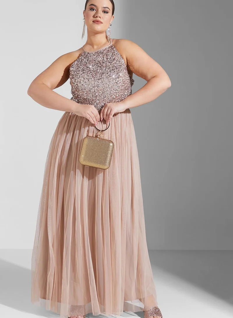 Maya Plus Halter Neck Tulle Sequin Detail Dress