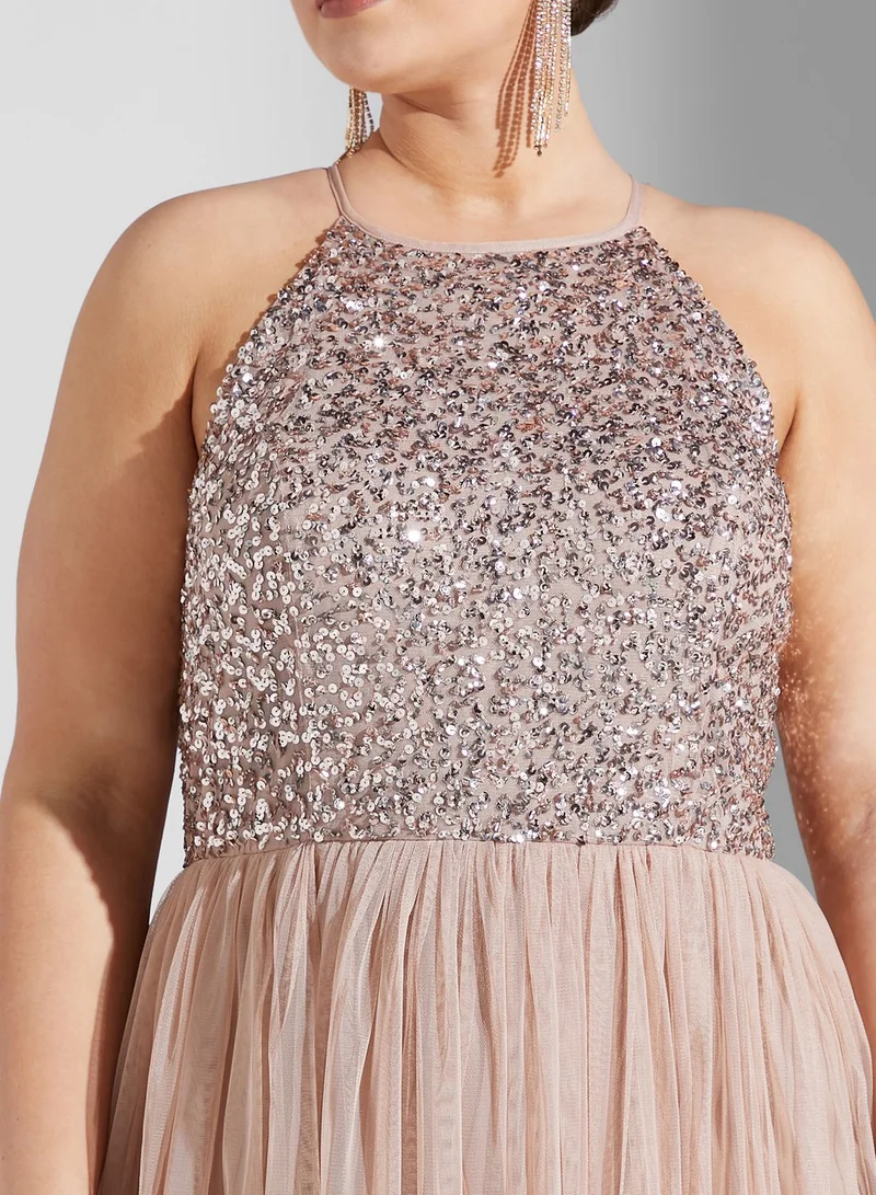 Maya Plus Halter Neck Tulle Sequin Detail Dress