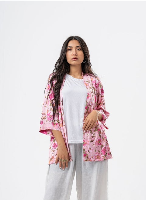 Satin Printed Womens Cardigan (Rose) Relaxed Fit