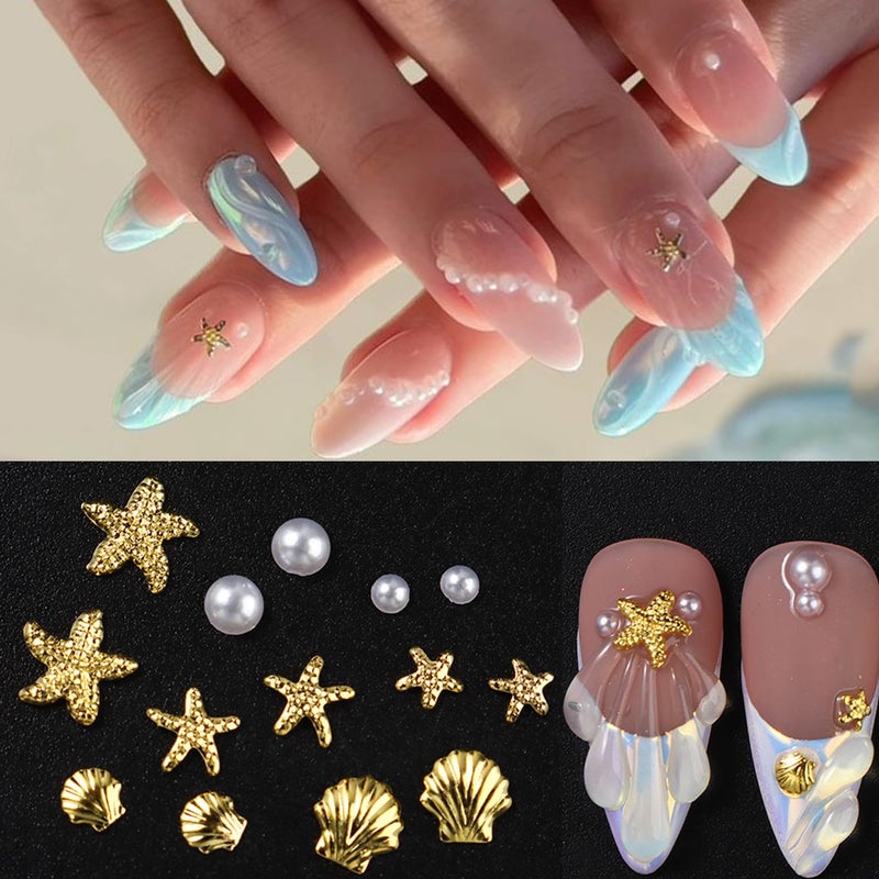 FDSQHSA 100Pcs Starfish Nail Charms and Gems Summer Ocean Style Nail Art Charms Alloy Seashell Nail Rhinestones Flat Back Pearl Nail Art Rhinestones for Women Beach Vacation Nail Designs Supplies - Image 5