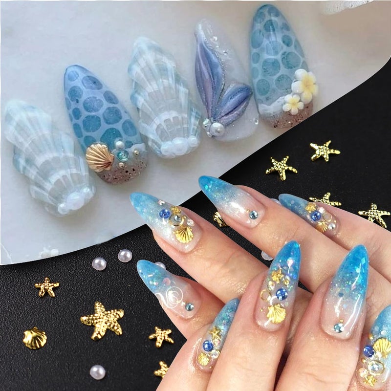 FDSQHSA 100Pcs Starfish Nail Charms and Gems Summer Ocean Style Nail Art Charms Alloy Seashell Nail Rhinestones Flat Back Pearl Nail Art Rhinestones for Women Beach Vacation Nail Designs Supplies - Image 2