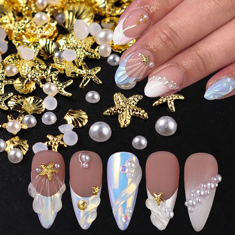 FDSQHSA 100Pcs Starfish Nail Charms and Gems Summer Ocean Style Nail Art Charms Alloy Seashell Nail Rhinestones Flat Back Pearl Nail Art Rhinestones for Women Beach Vacation Nail Designs Supplies - Image 1