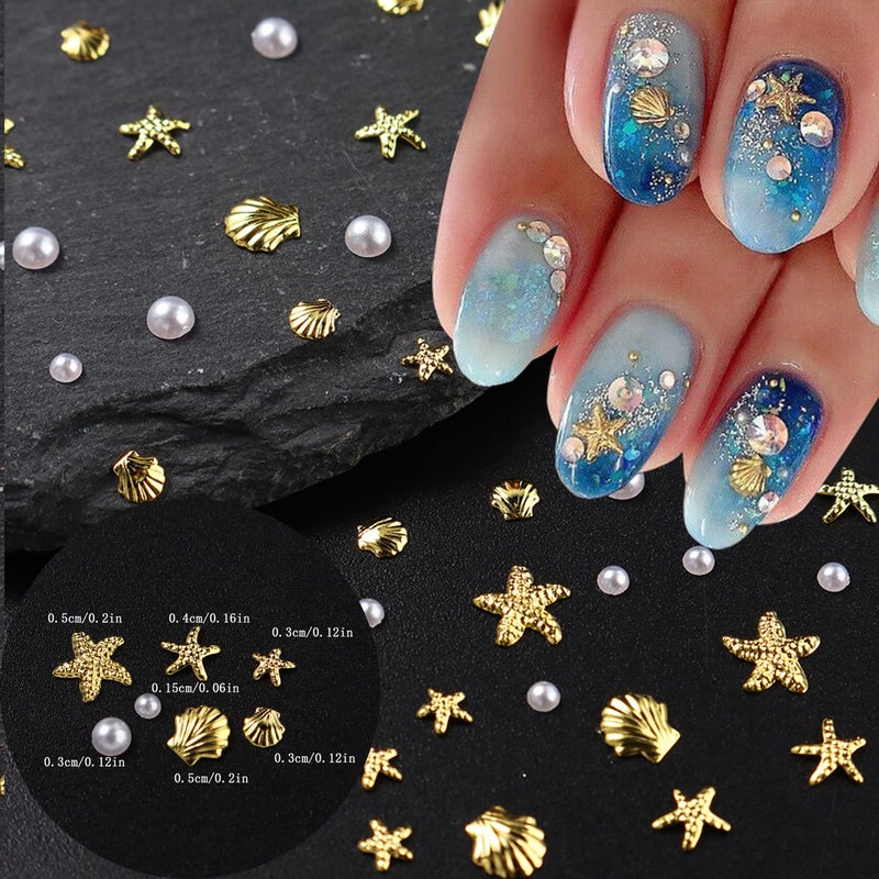 FDSQHSA 100Pcs Starfish Nail Charms and Gems Summer Ocean Style Nail Art Charms Alloy Seashell Nail Rhinestones Flat Back Pearl Nail Art Rhinestones for Women Beach Vacation Nail Designs Supplies - Image 3