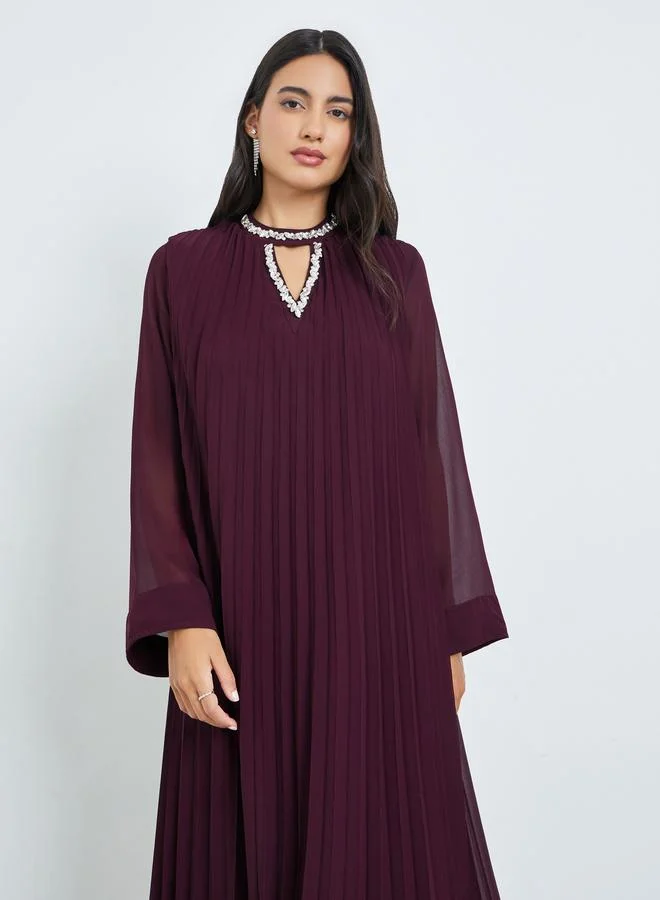 Styli Burgundy Pleated Embellished Neckline Maxi Dress