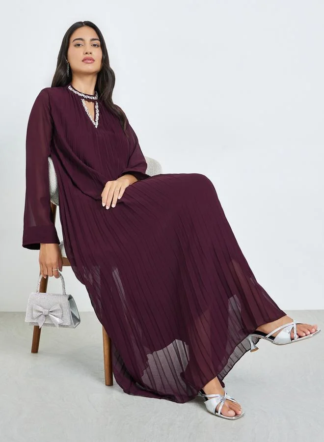 Styli Burgundy Pleated Embellished Neckline Maxi Dress