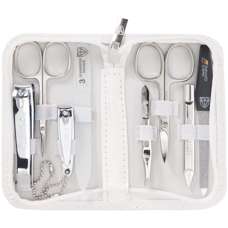 3 Swords Germany brand quality 8 piece manicure pedicure grooming kit set synthetic leather case white Made in Germany
