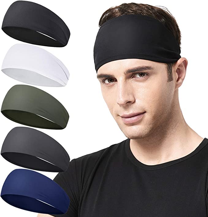 BISMAADH Polyester Sports Headband Athletic Mens Sweatband Head Band For Men, Unisex Stretchy Moisture Wicking Hairband Gym, Running, Basketball, Football (Black, White, Green,Dark Grey, Blue) - Image 1