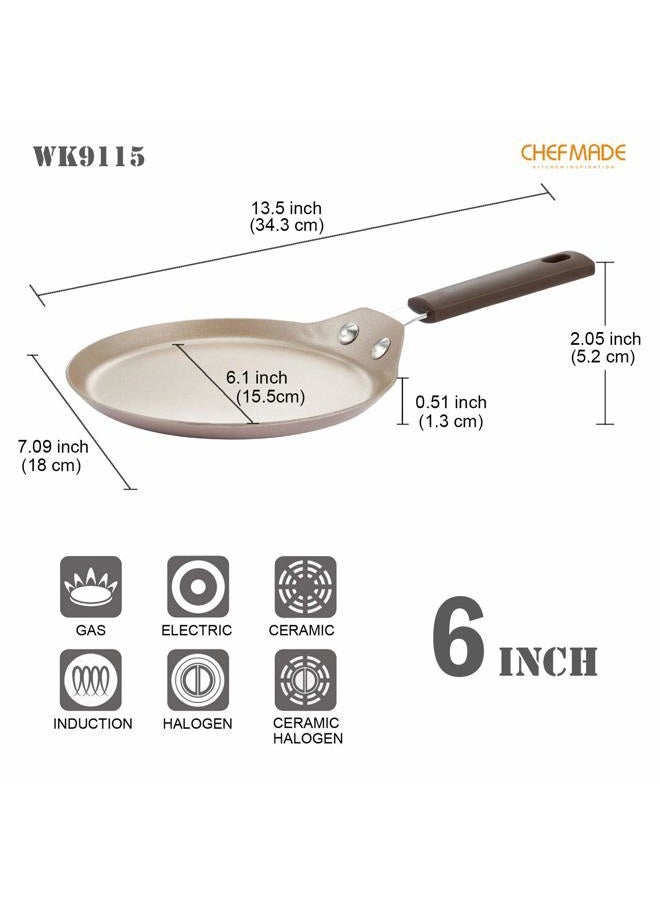 chefmade Mini Crepe Pan with Bamboo Spreader, 6-Inch Non-Stick Pancake Pan with Insulating Silicone Handle for Gas, Induction, Electric Cooker (Champagne Gold) - Image 2