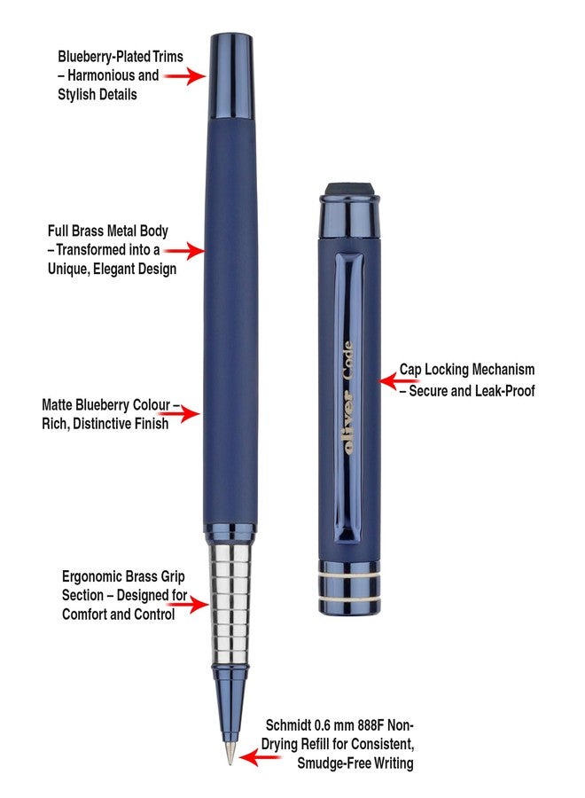 Oliver Code Matte Blueberry Roller Pen with Premium T-Box | Brass Body, German Schmidt Refill, Blueberry-Plated Trims - Image 3