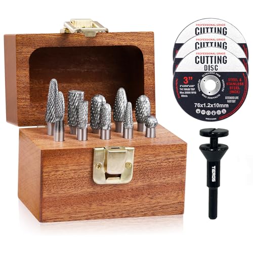 TiERGS Tungsten Carbide Burr Set, 1/4" Shank, 10Pcs Die Grinder Bits, Compatible with DeWalt & Milwaukee Die Grinders, with Mandrel and Cut-Off Wheels - Image 1