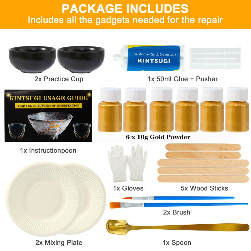 deuvuo Kintsugi Repair Kit Gold, 21 Pcs Authentic Kintsugi Repair Kit to Revive Your Broken Ceramic, Pottery, Mug, Bowl, Glass Keepsakes with Ease - Japanese Art DIY Set Bio for Beginners - Image 3