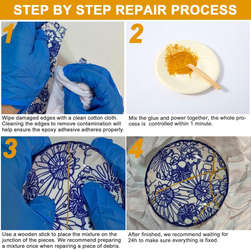 deuvuo Kintsugi Repair Kit Gold, 21 Pcs Authentic Kintsugi Repair Kit to Revive Your Broken Ceramic, Pottery, Mug, Bowl, Glass Keepsakes with Ease - Japanese Art DIY Set Bio for Beginners - Image 5