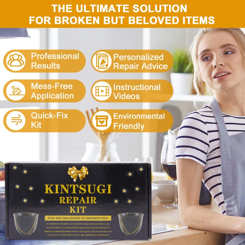 deuvuo Kintsugi Repair Kit Gold, 21 Pcs Authentic Kintsugi Repair Kit to Revive Your Broken Ceramic, Pottery, Mug, Bowl, Glass Keepsakes with Ease - Japanese Art DIY Set Bio for Beginners - Image 4