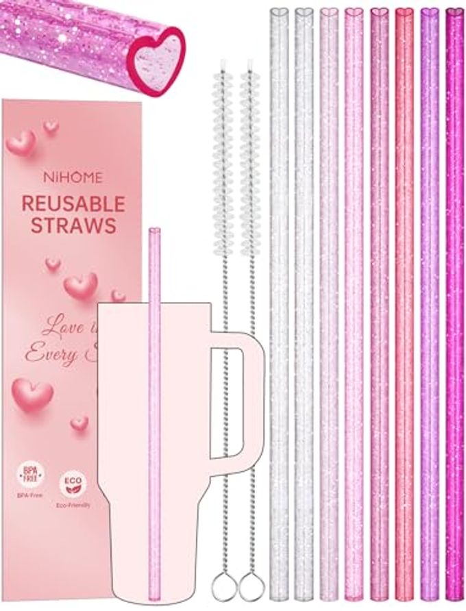 NiHome 8-Pack 12" Reusable Heart Shaped Glitter Straws Fit for Stanley Tumbler 40/30/64oz, Glitter Gradient Pink Plastic Drinking Straws for Stanley Cups, Gift Straw for Christmas, Valentines Day - Image 4