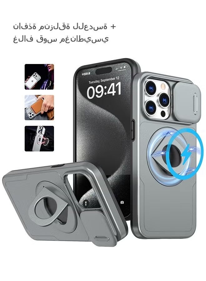 غطاء مغناطيسي لهاتف iPhone 13 Pro Max، غطاء حماية مقاوم للصدمات مع غطاء عدسة وحامل غير مرئي، غطاء هاتف رفيع (رمادي) - Image 1