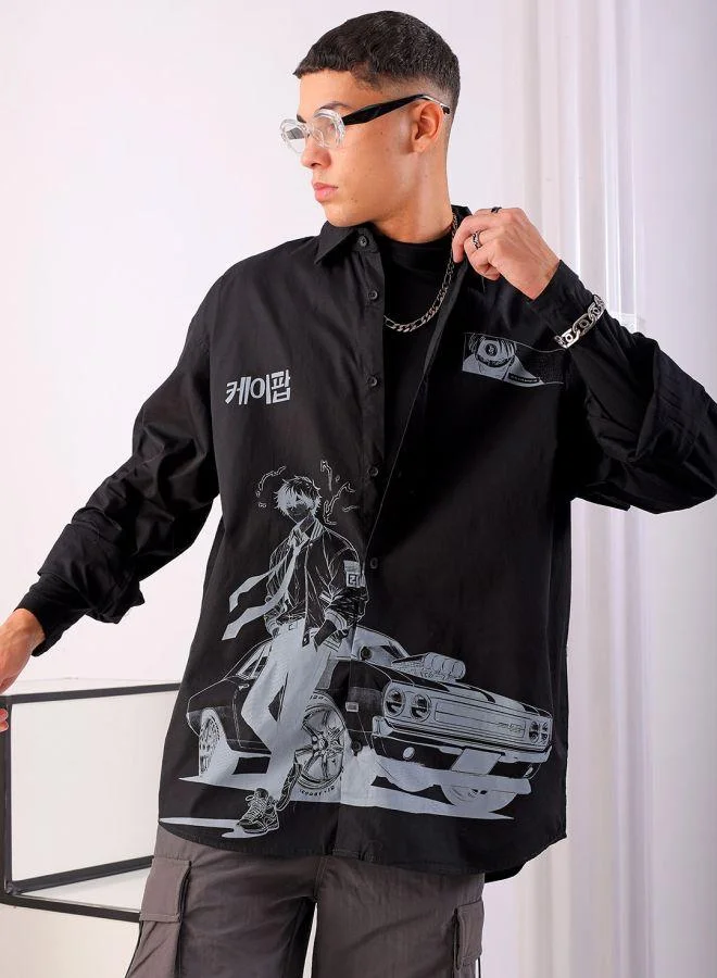 The Indian Garage Co Men Oversized Anime Print Full Sleeves Cutaway Collar Street Wear Shirt