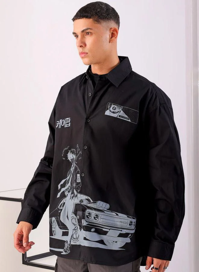 The Indian Garage Co Men Oversized Anime Print Full Sleeves Cutaway Collar Street Wear Shirt
