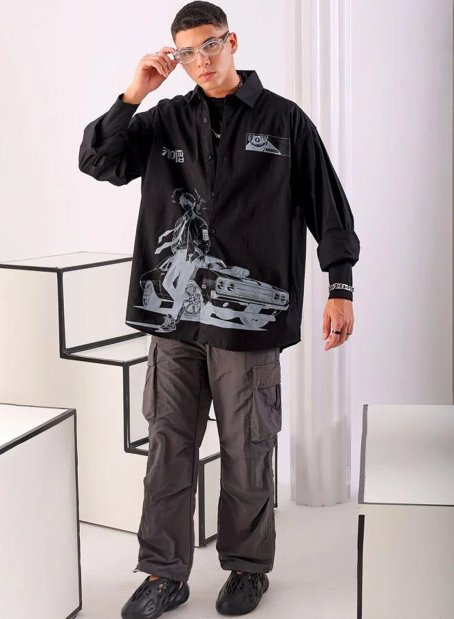 The Indian Garage Co Men Oversized Anime Print Full Sleeves Cutaway Collar Street Wear Shirt