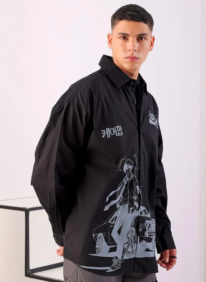 The Indian Garage Co Men Oversized Anime Print Full Sleeves Cutaway Collar Street Wear Shirt