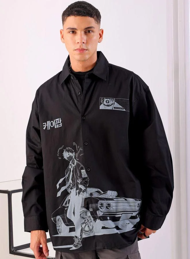 The Indian Garage Co Men Oversized Anime Print Full Sleeves Cutaway Collar Street Wear Shirt