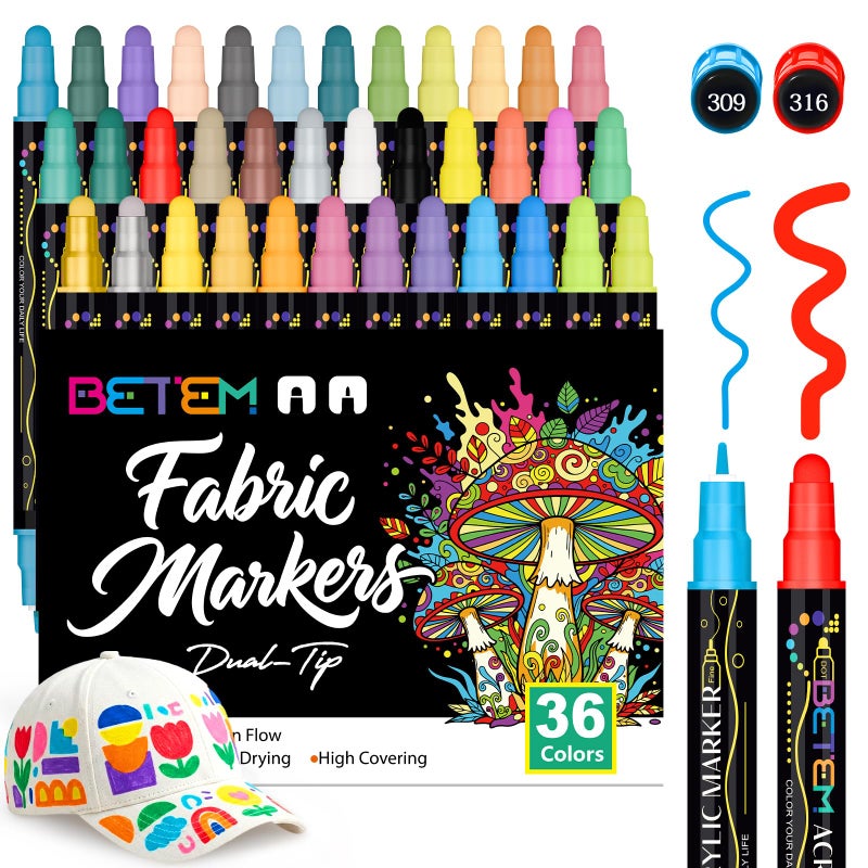 Betem 36 Colors Dual Tip Acrylic Paint Pens Markers, Fabric Decorating Kits Premium Water-Based Acrylic Paint Markers for Fabric, Rock, Wood, Glass, Eggs, Canvas, Ceramic, Easter Basket Stuffers - Image 1